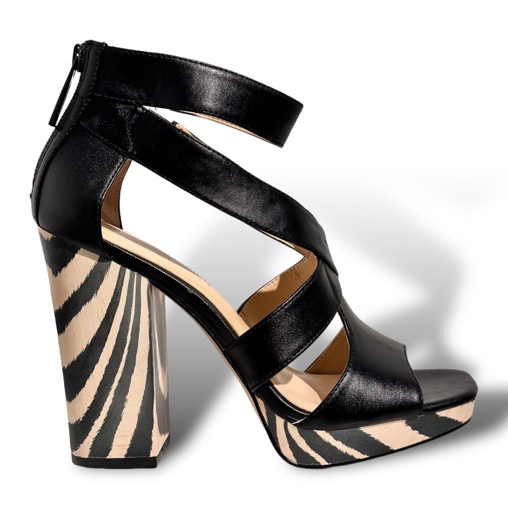 Calvin Klein Verene Zebra Wood Striped Chunky Strapy Sandal Ankle Heels Size 8